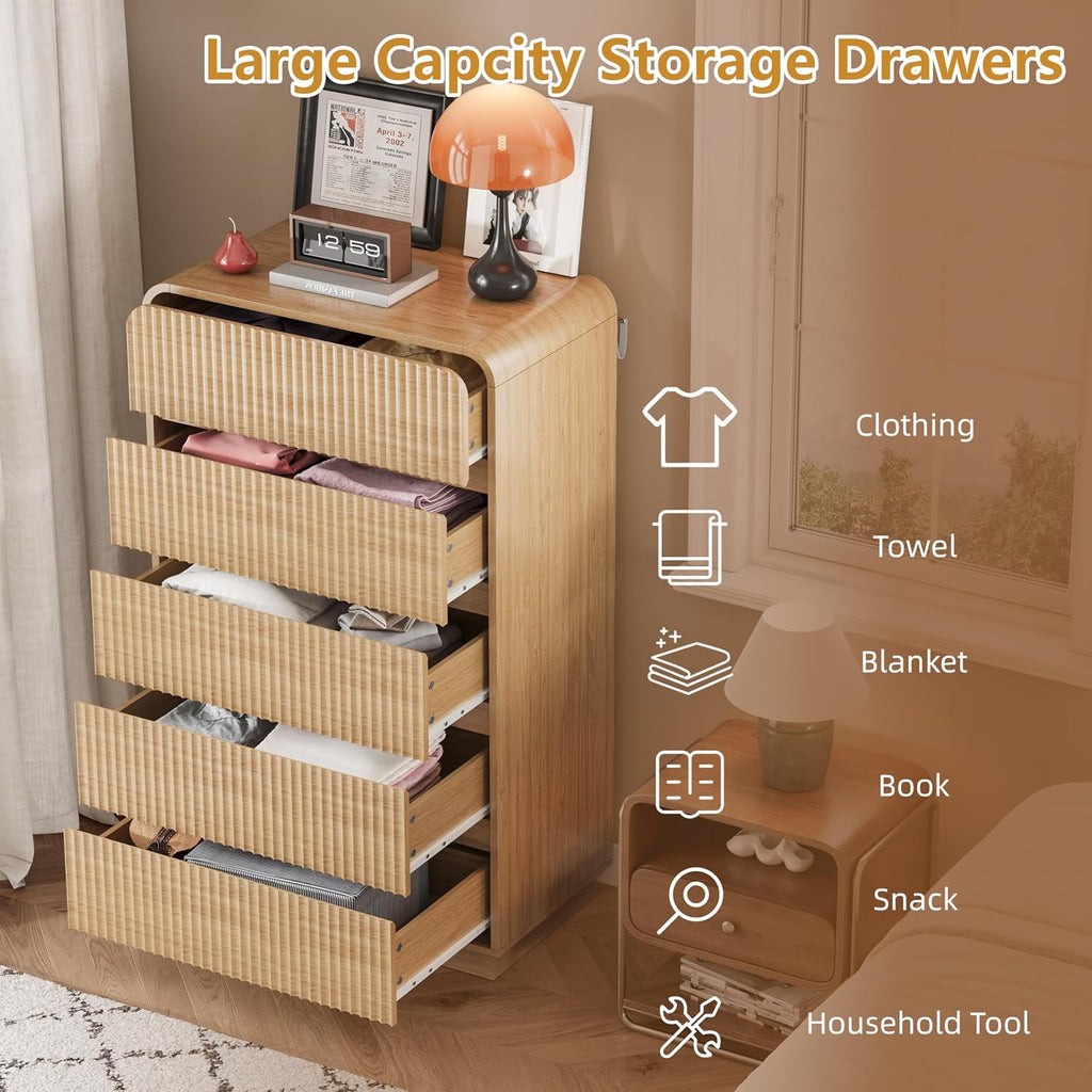 Natural Oak Dresser Fluted Tall 5 Drawer Dresser , Wood Chest of Drawers with Hidden Handles & Rounded Corners