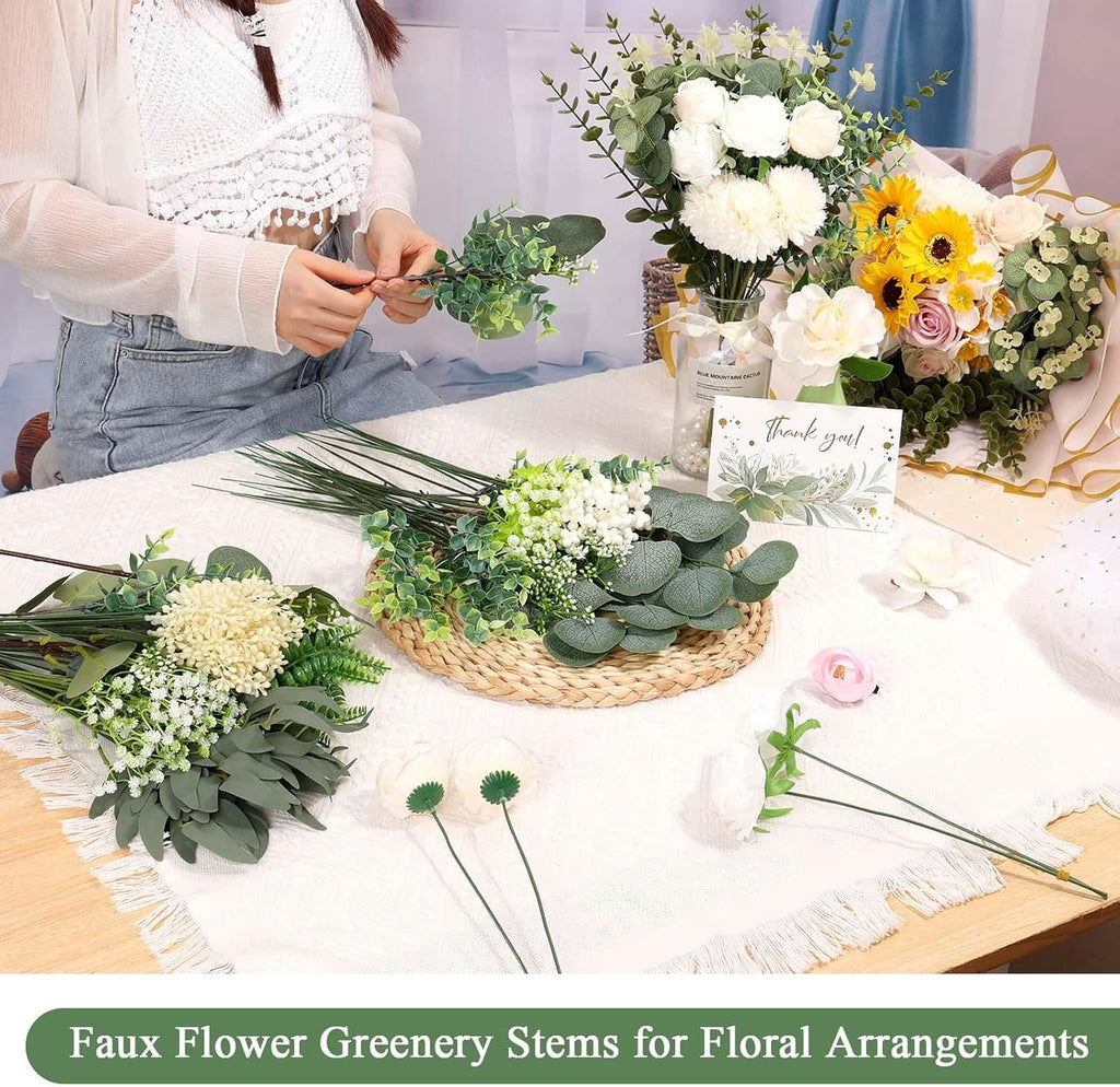120 Pcs Mixed Artificial Eucalyptus Stems Flowers Bulk, 15 Kinds | Fake Silver Dollar Eucalyptus Faux Silk Greenery