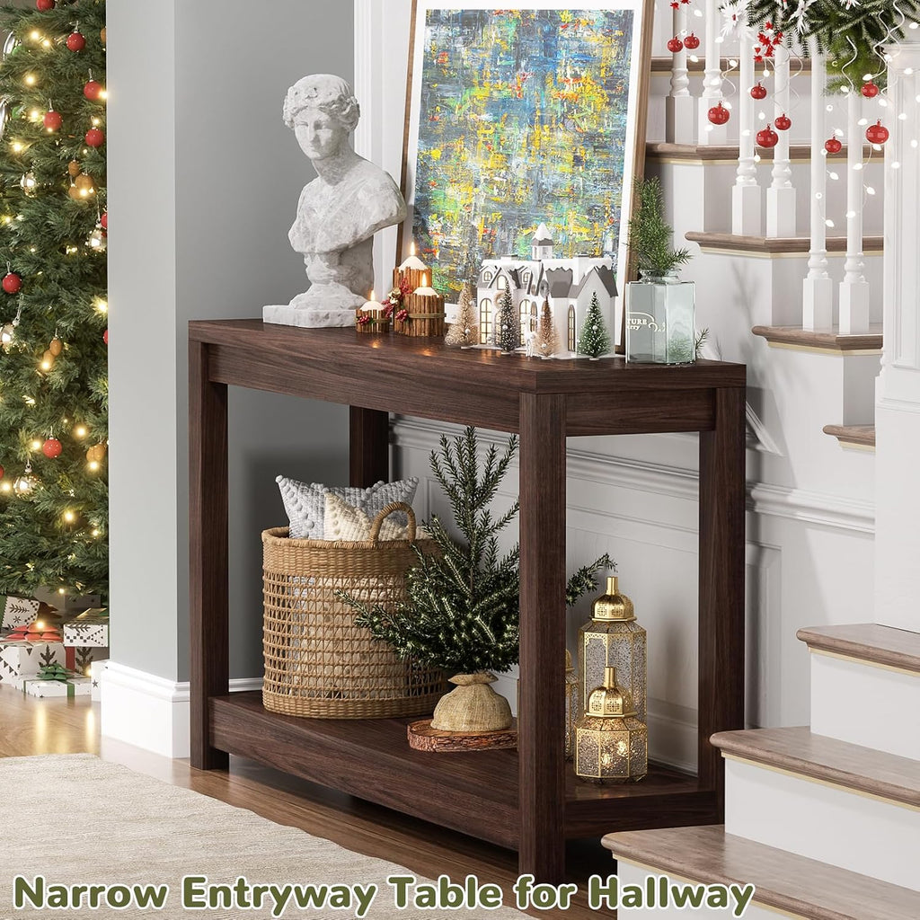 Small Farmhouse Wood Entryway Table Narrow Console Table with Storage Behind Couch Sofa Table with Shelves Entry Way