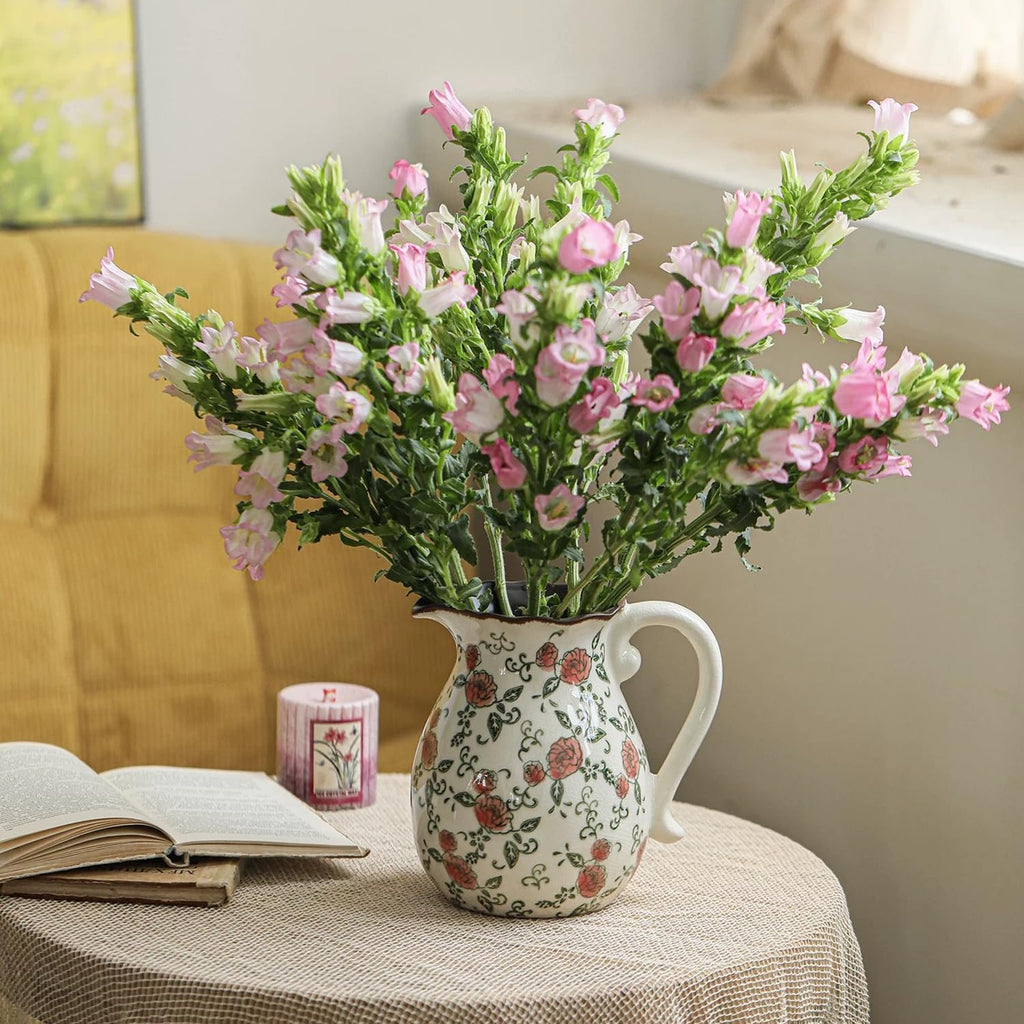 Vintage Ceramic Vase - 8.2 Inch Hand-Painted Roses with Ice Crackle Glaze Finish, American Farmhouse Style Pitcher Vase