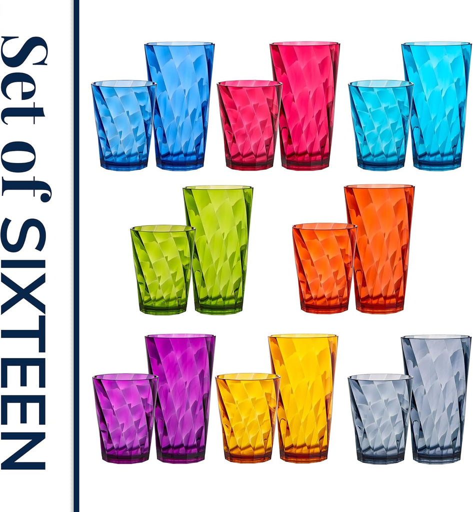 Optix Plastic Reusable Drinking Glasses (Set of 16) 14oz Rocks & 20oz Water Cups in Jewel Tone Colors | BPA-Free