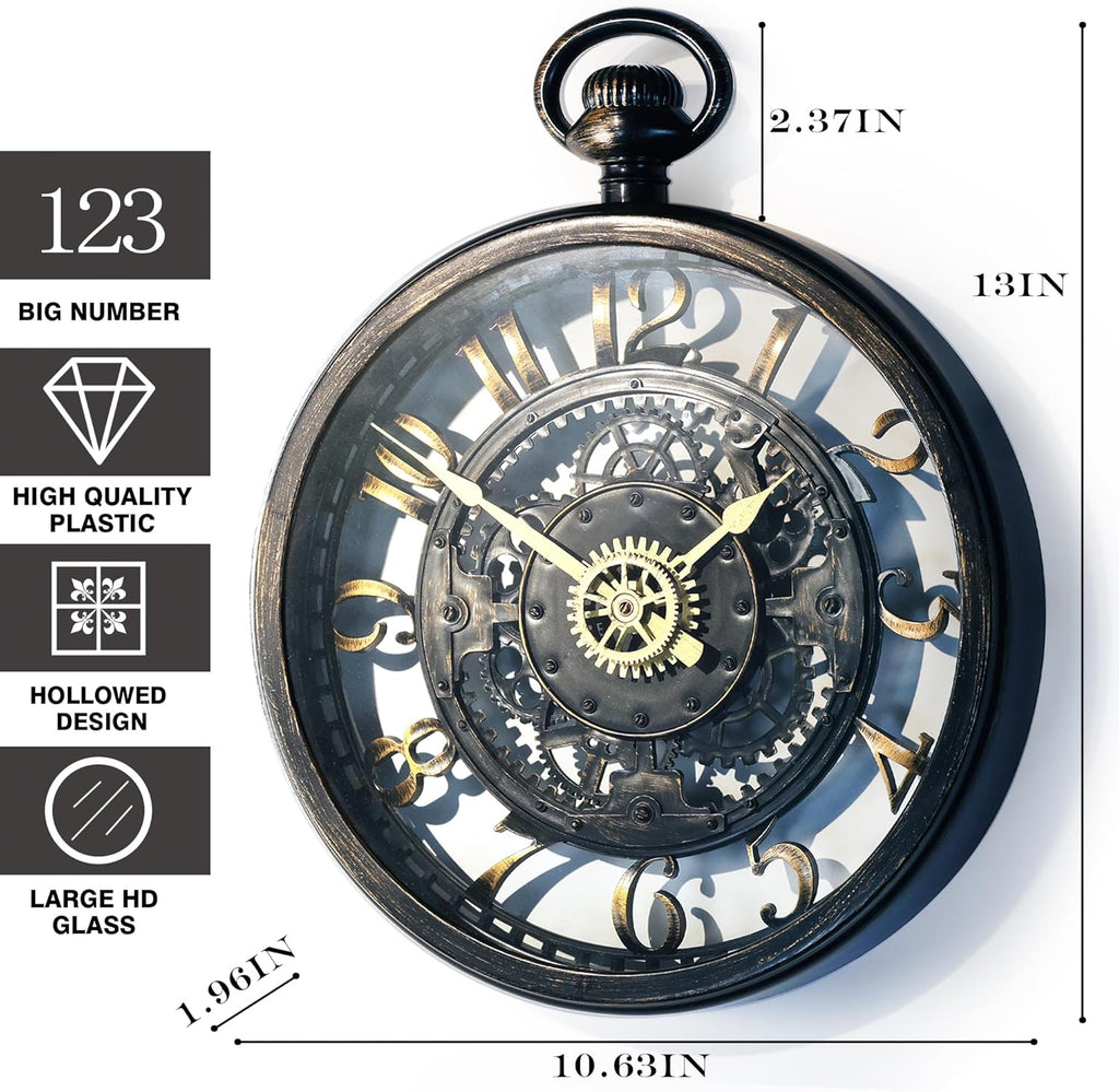 Decorative Wall Clock - Oversized 3D Steampunk Large Wall Clock, Vintage Industrial Steampunk Large Clock for Living Room Décor