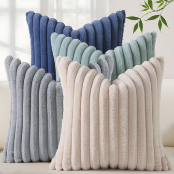 Fall Faux Fur Throw Pillow Covers 20x20 Set of 4 Beige/Blue