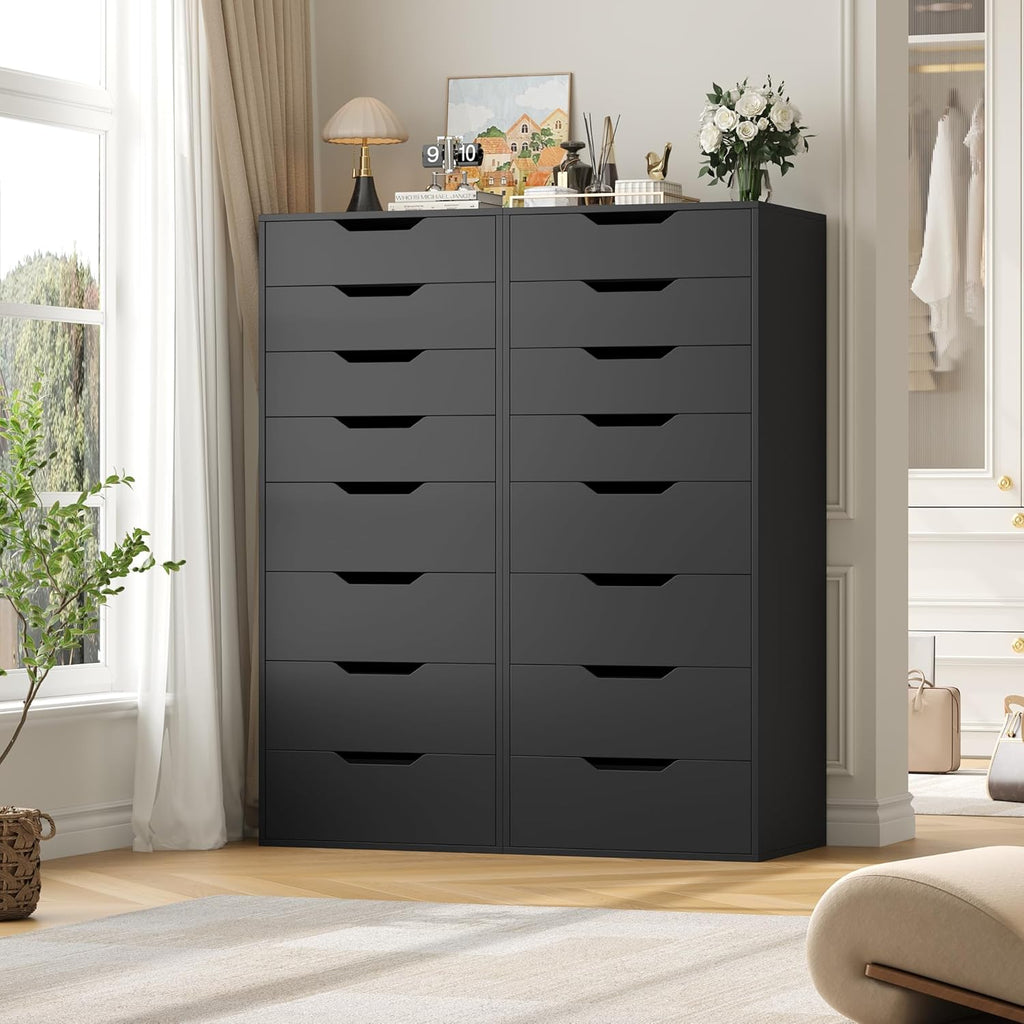 Tall Black Dresser, 8 Drawer Dresser with Groove Handles, Black Tall Dressers, Modern Chest of Drawers with Large
