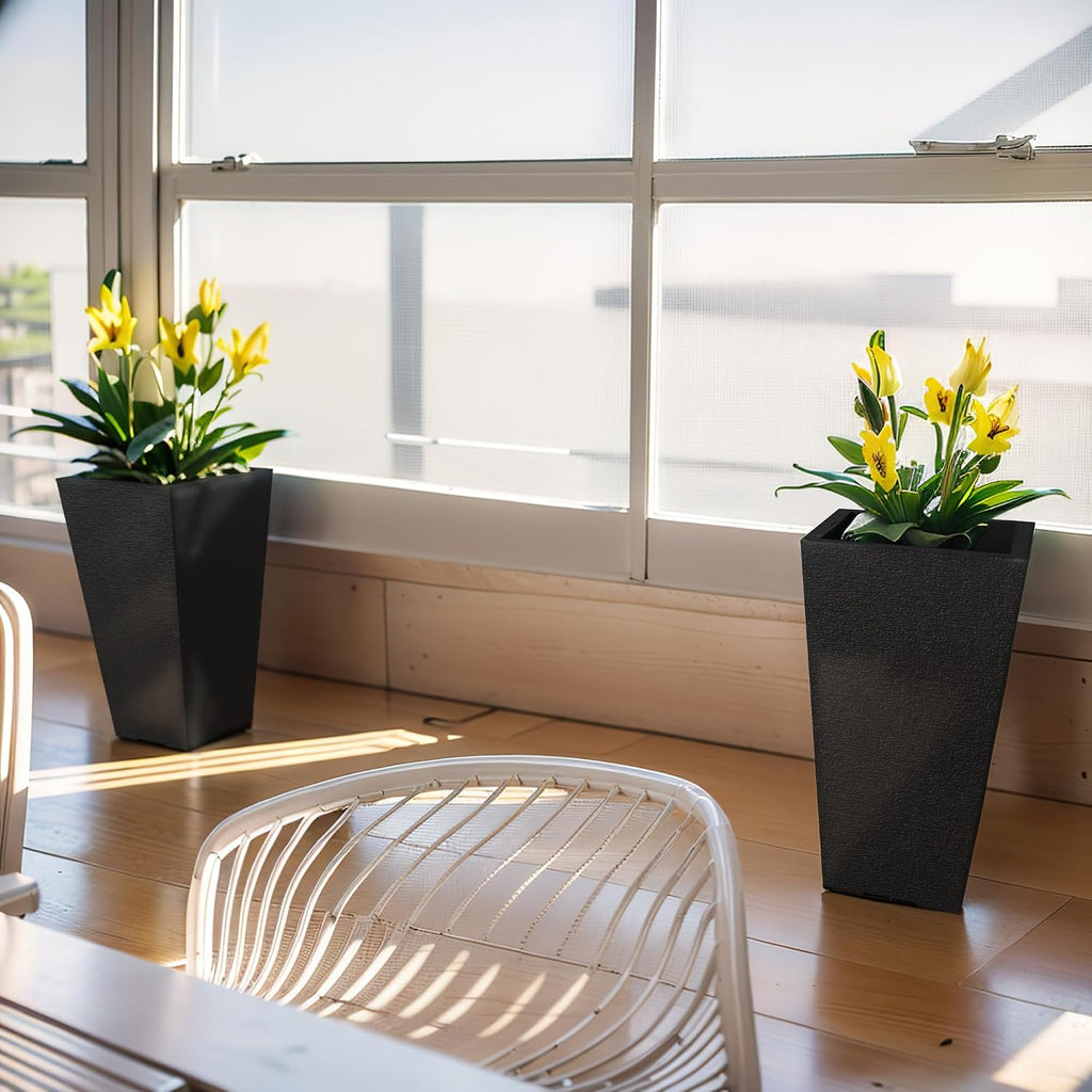 Set of 2 Black Square Planters 22.5" Tall Home & Outdoor | Tapered, Nursery Pot & Outer Cachepot, Indoor Use, Modern