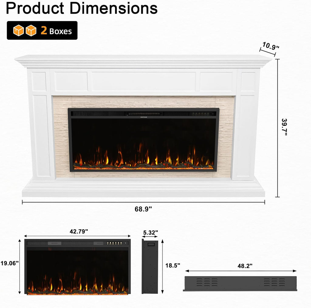 69" Electric Fireplace with Mantel, Freestanding Fireplace Console with 42" Insert for Livingroom/Bedroom, Realistic