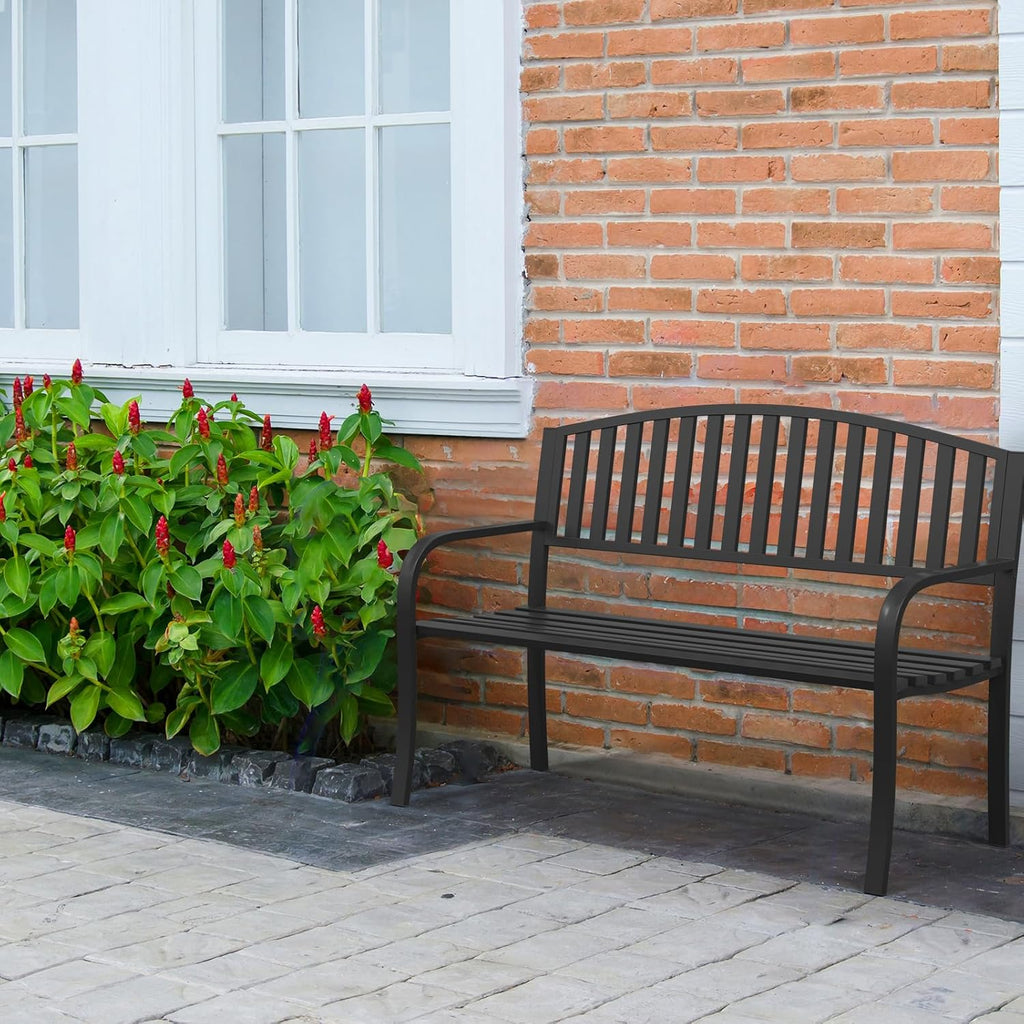 Outdoor Bench Garden Bench, 50" Anti-Rust Patio Bench Clearance, Iron Metal Frame Outdoor Benches Weatherproof for