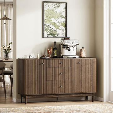 59" Buffet Cabinet with Drawers, Large Fluted Sideboard Buffet Storage Cabinet with Charging Station