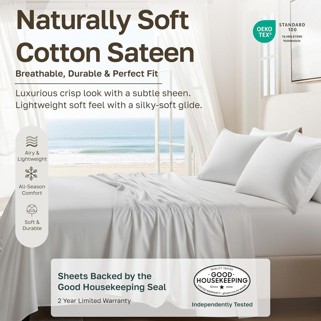 Soft Natural 100% Cotton Sateen Twin Sheets, 3 Pc Set, Bright White