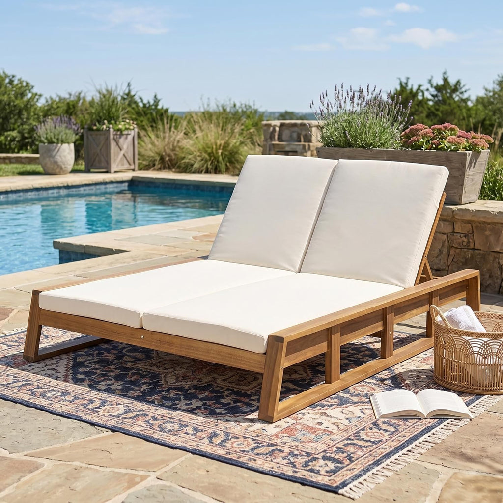 Acacia Wood Outdoor Double Chaise Lounge with Adjustable Backrest Patio Daybed with Thick Cushions Backyard Balcony