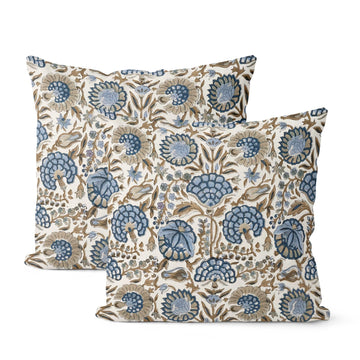 Boho Brown Navy Blue Pillow Covers 20x20 Inch Set of 2 Navy Blue Floral Throw Pillows Vintage Flower Outdoor