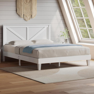 Wood Bed Full, Farmhouse White Rubberwood Platform Bed Frame with V-Designed Headboard, Sturdy Wooden Support Slats
