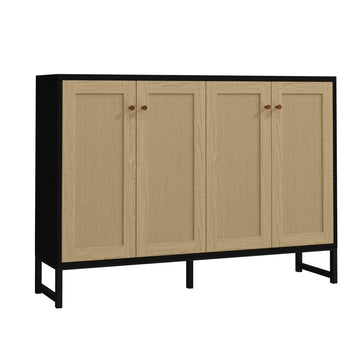 Sideboard Accent Storage Cabinet with Rattan Decorated 4 Doors Dining Room Freestanding Kitchen Buffet Table Cupboard