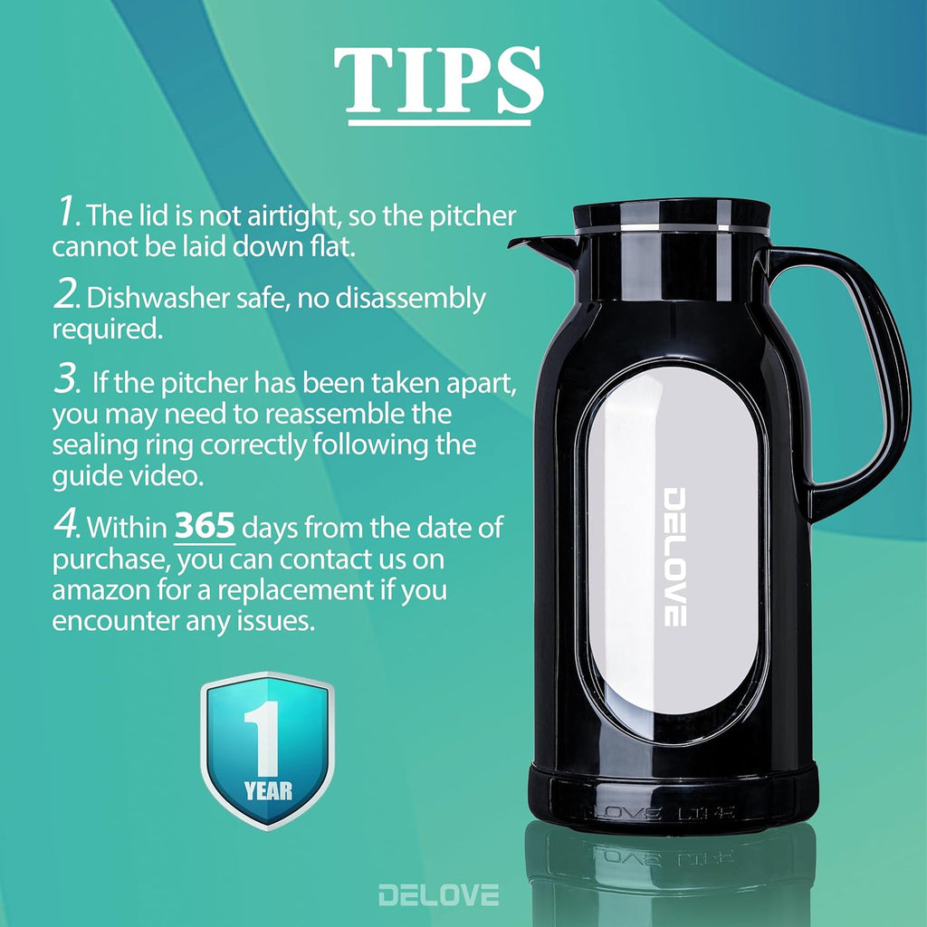 68 oz/2 Liter Glass Pitcher with Shatterproof Shell - Heat Resistant Glass Liner - Stainless Steel Lid - Carafe & Jug
