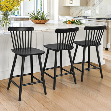 Upgraded Windsor Wooden Black Bar Stools Set of 3, 24 Inch Counter Height Barstools with Spindle Back/Bigger Seat