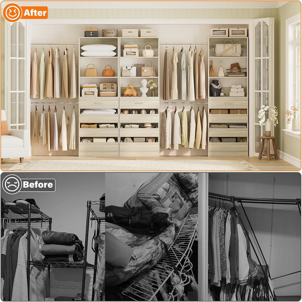 Closet System with 12 Drawers, 8.5-11.5Ft Wood Closet Organizer System with 4 Hanging Rods & 3 Towers, 4Ft & 6Ft