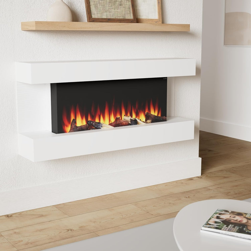 36-Inch Wall Mount Electric Fireplace with 50-Inch Floating Mantel (SF-FORMAT36-SF-FM50-WH)