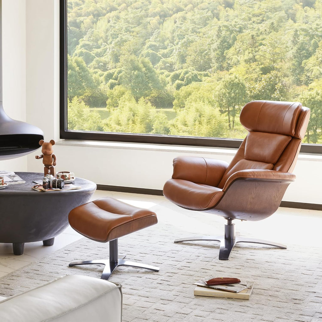 Modern Reclining Swivel Lounge Chair and Ottoman — Saddle Genuine Leather