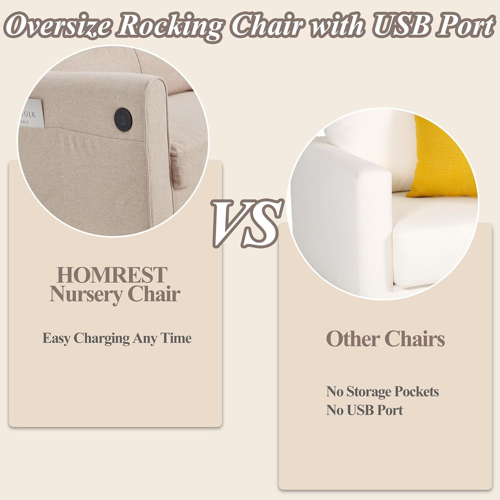 Rocking Chair, Upholstered Nursery Rocking Chair with High Back and Side Pocket USB Port, Double Wide Rocker Glider