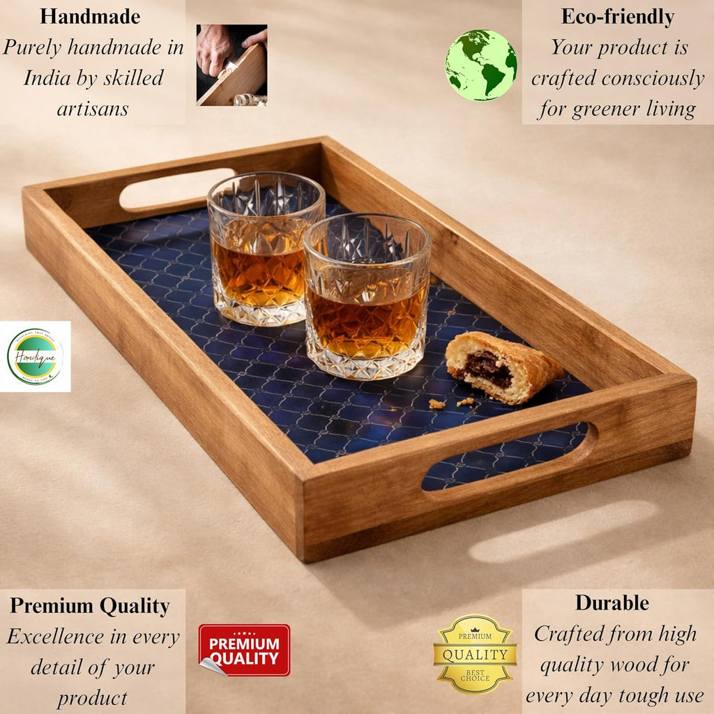 Large Wooden Designer Serving Tray with Handles & Coasters | Decorative Wood Serving Tray for Breakfast, Tea, Food &