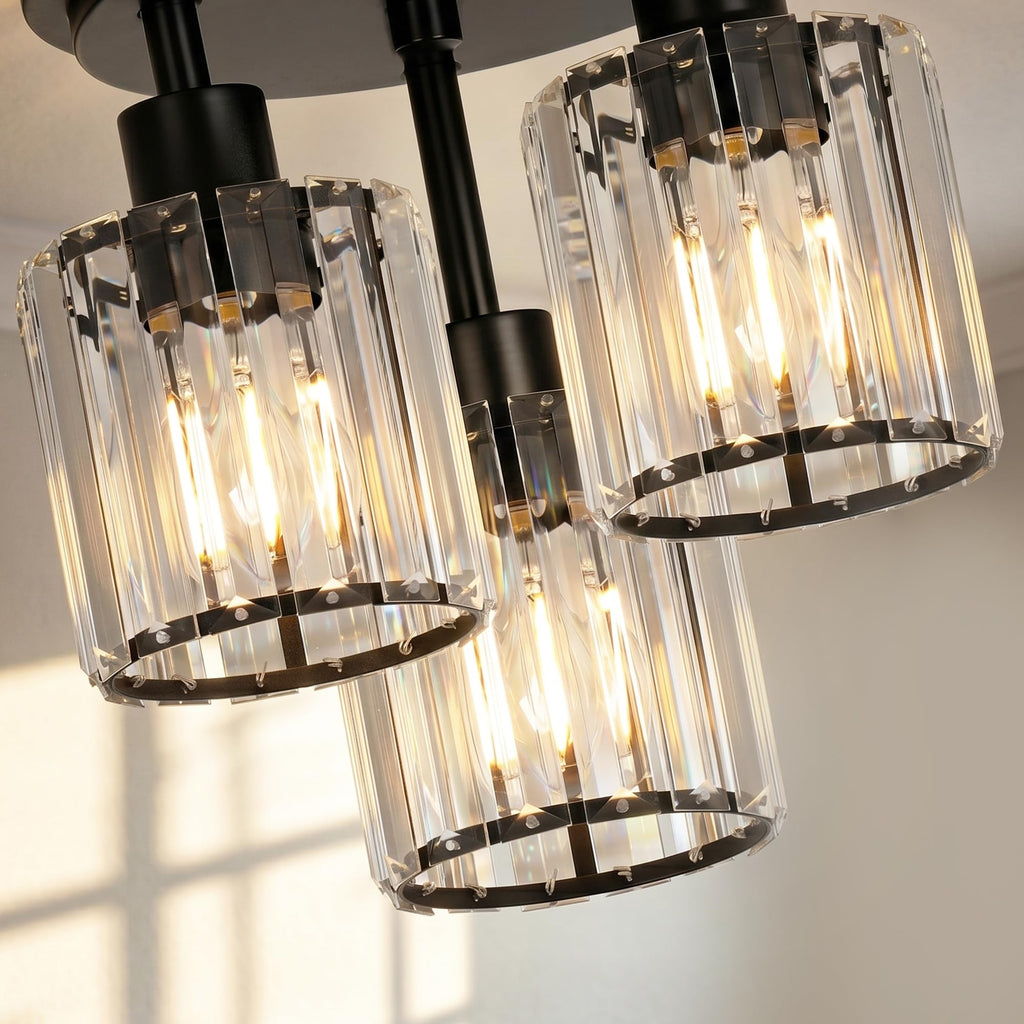 Crystal Semi Flush Mount Ceiling Light, 3-Light Modern Close to Ceiling Light Fixtures, Black Kitchen Light Fixture