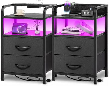 Nightstands Set of 2, Night Stand with LED Lights, Charging Station and USB-C Ports, 2 Drawers Bed Side Table, Open
