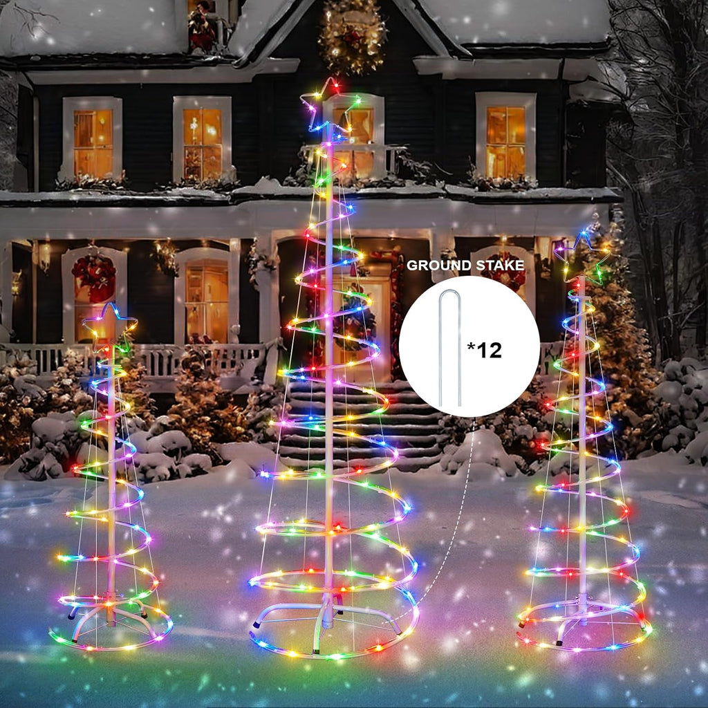 3 Packs Christmas Spiral Tree with Lights, 3/4/5 FT Lighted Xmas Collapsible Tree with Metal Stakes for Indoor &