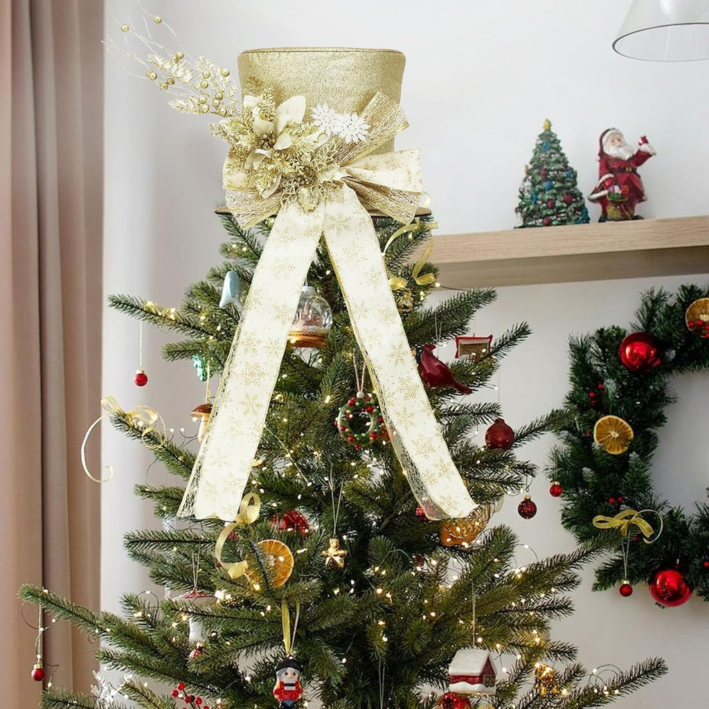 Luxury Sparkling Santa Hat Christmas Tree Topper with Bow, Snowflakes | 25Cm