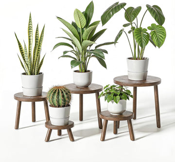 Wood Plant Stands Indoor, 5-Pack Single Plant Stand for 6-12 Inch Pots, Mid-Century Modern Plant Stool, Tall Plant
