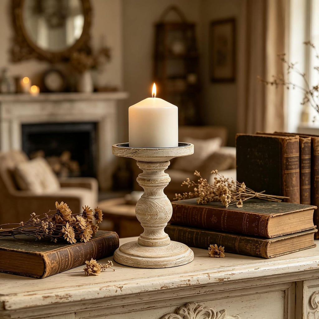 Set of 2 Antique White Wooden Pillar Candle Holders - 7 Inch Rustic Farmhouse Candlestick Stand, Distressed Candle