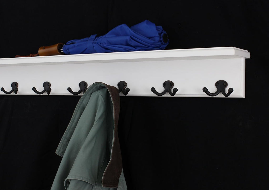 White Shelf Coat Rack with Aged Bronze Double Style Hooks (26" with 5 Hooks)
