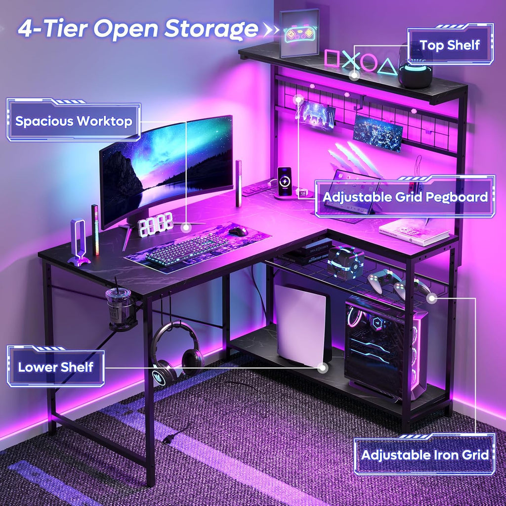 42 L Shaped Gaming Desk, Computer Desk with Power Outlets & LED Light, Reversible Corner Desk with Shelves