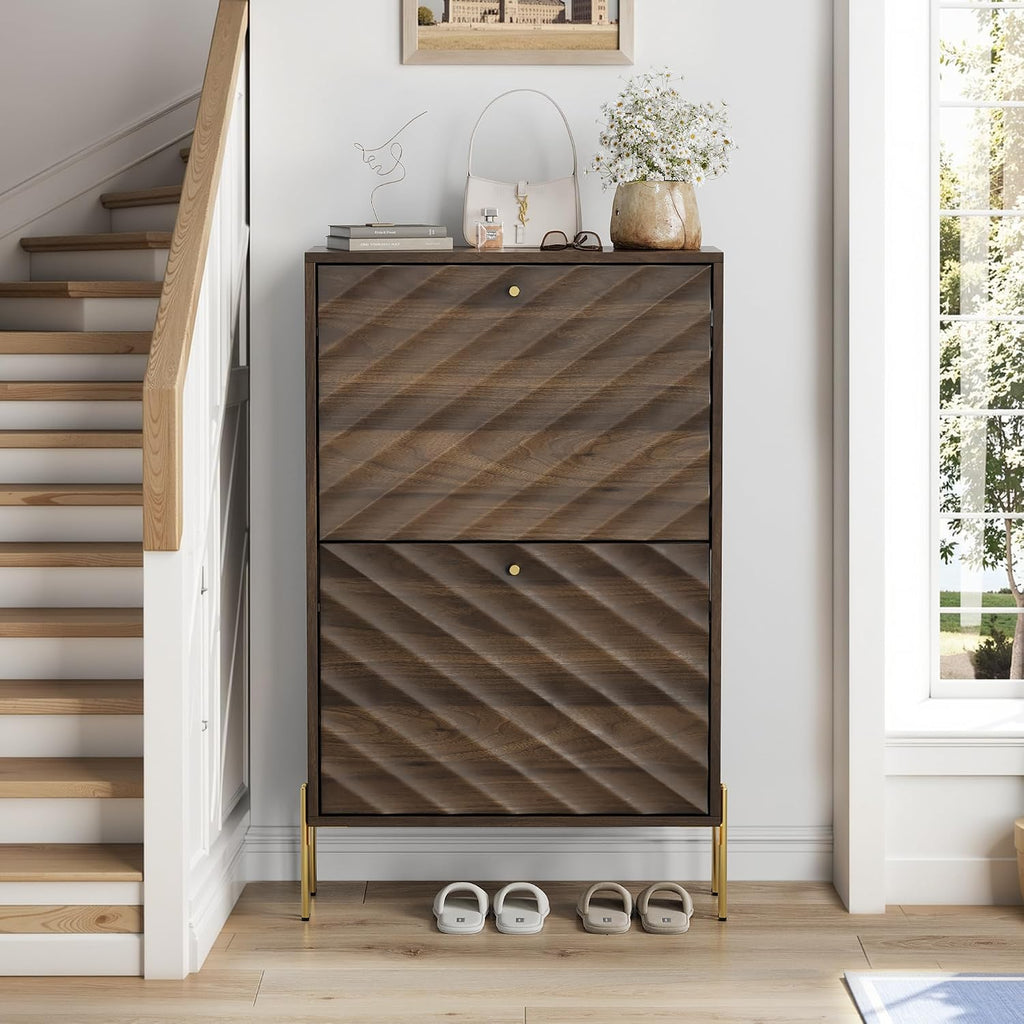 23.6 Inch Shoe Cabinet Storage Furniture: Mid-Century Modern Freestanding Organizer with Adjustable Shelves &