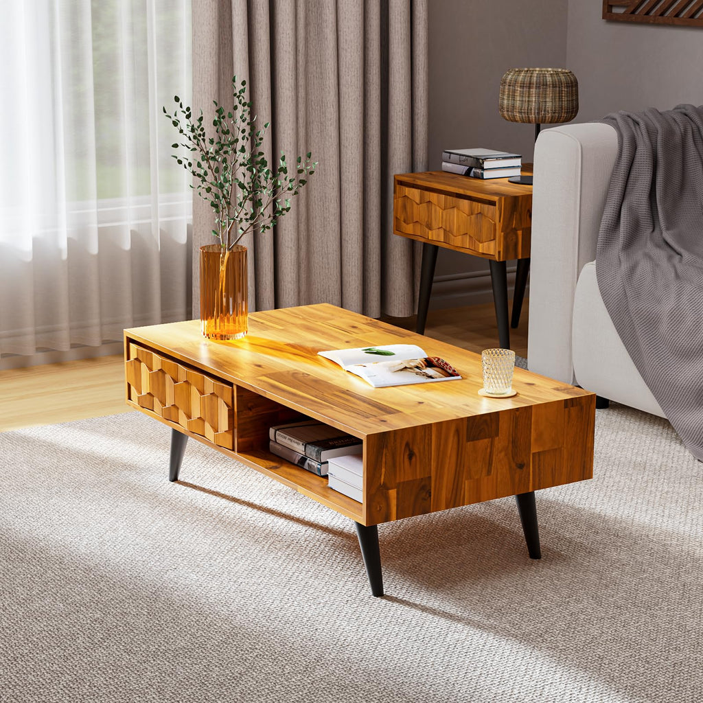 Georgina Solid Wood Coffee Table, 2 Drawers & Open Shelves, Teak Brown