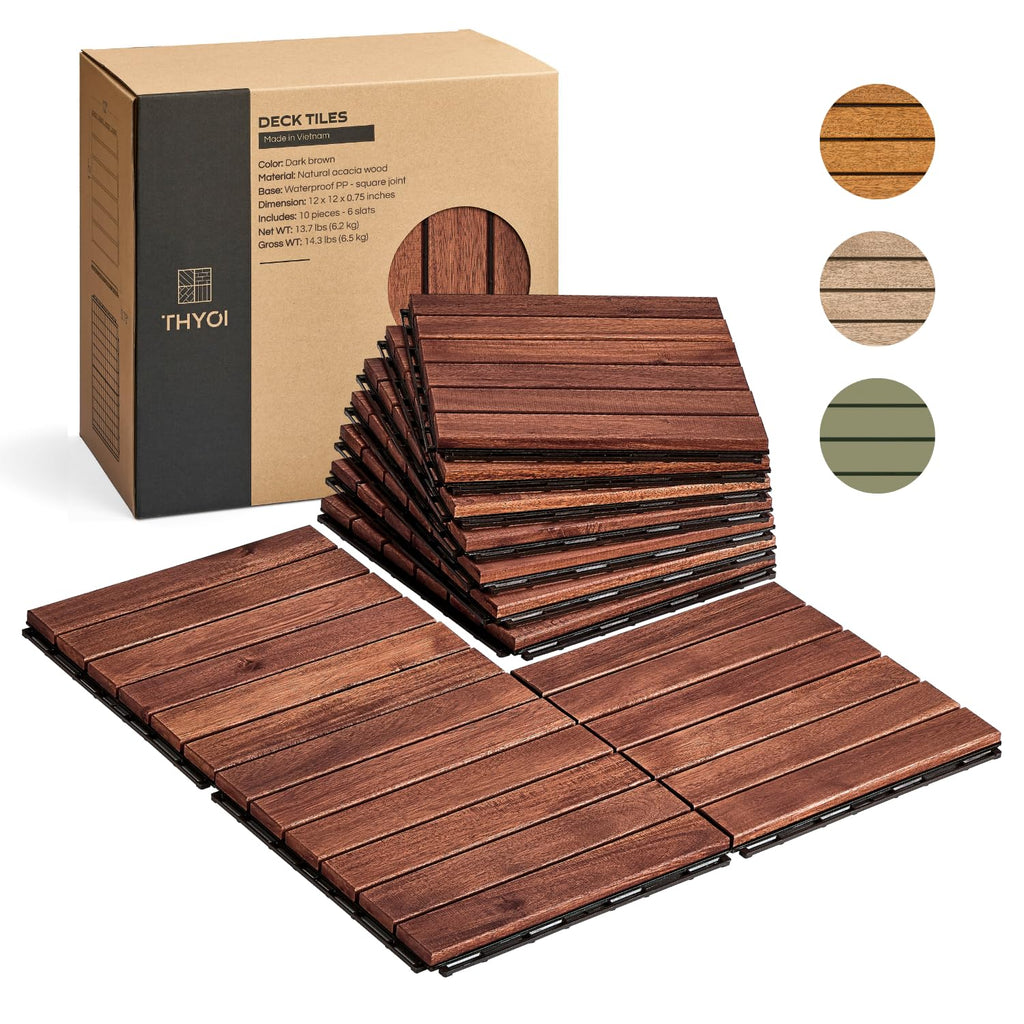 Premium Deck Tiles, Patio Flooring - Set 10 Pcs 12”x12”x0.9” Interlocking Deck Tiles, Waterproof Acacia Wood for