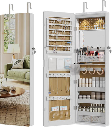 47.2" Full-Length Mirror Jewelry Cabinet, Lockable Wall/Door Mount, White