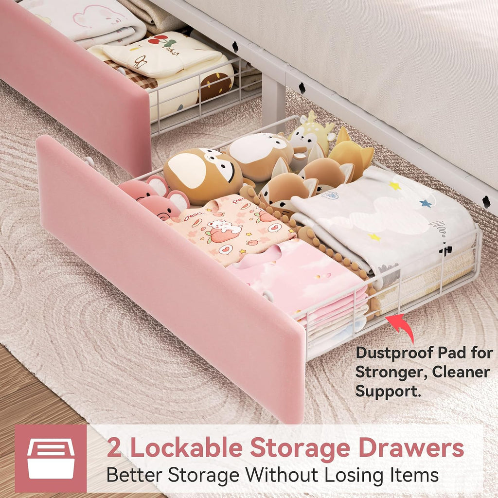 Twin Upholstered LED Bed Frame with 2 Storage Drawers and 2-Tier Storage Bookcase Headboard, Velvet Princess Platform