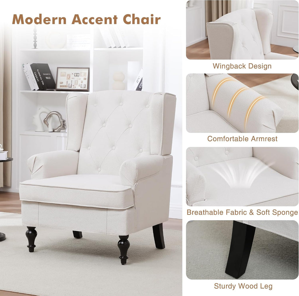 Accent Chair Set of 2, Mid Century Modern Fabric Wingback Chair, Upholstered Armchair with High Back and Vintage
