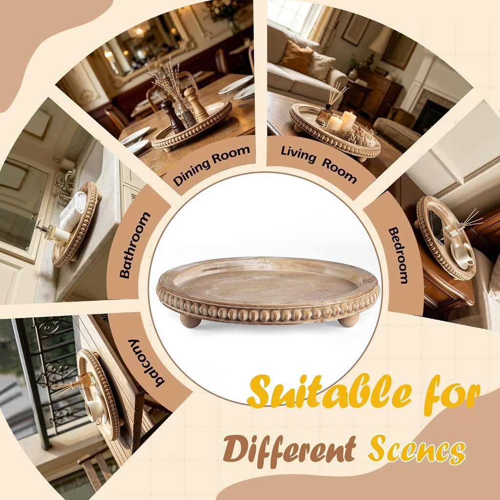Round Decorative Tray for Coffee Table, Natural Wood Beaded Tray with Detachable Legs, 11.87" Farmhouse Rustic