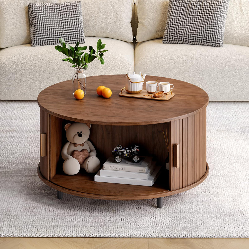 31.5" Round Coffee Table w/Storage Adjustable Footpad Walnut