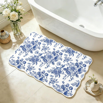 Blue Floral Rug Mat 32 x 20 Inch Chinoiserie Absorbent Bathmat Vintage Flower Scalloped Bathroom Rug for Birthday