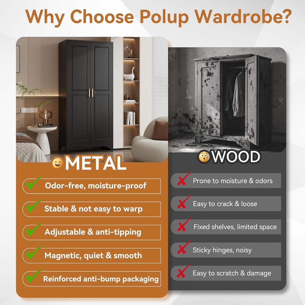 71" Metal Armoire Wardrobe Closet with Doors and Adjustable Shelves | Freestanding Tall Clothing Storage Cabinet