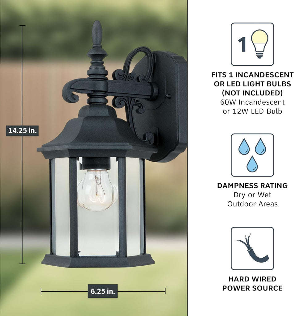 Devonshire Outdoor Light Fixture, 14 Inch Exterior Wall Lantern Sconce for Front Door, Patio and Porch, Black, 2961-BK