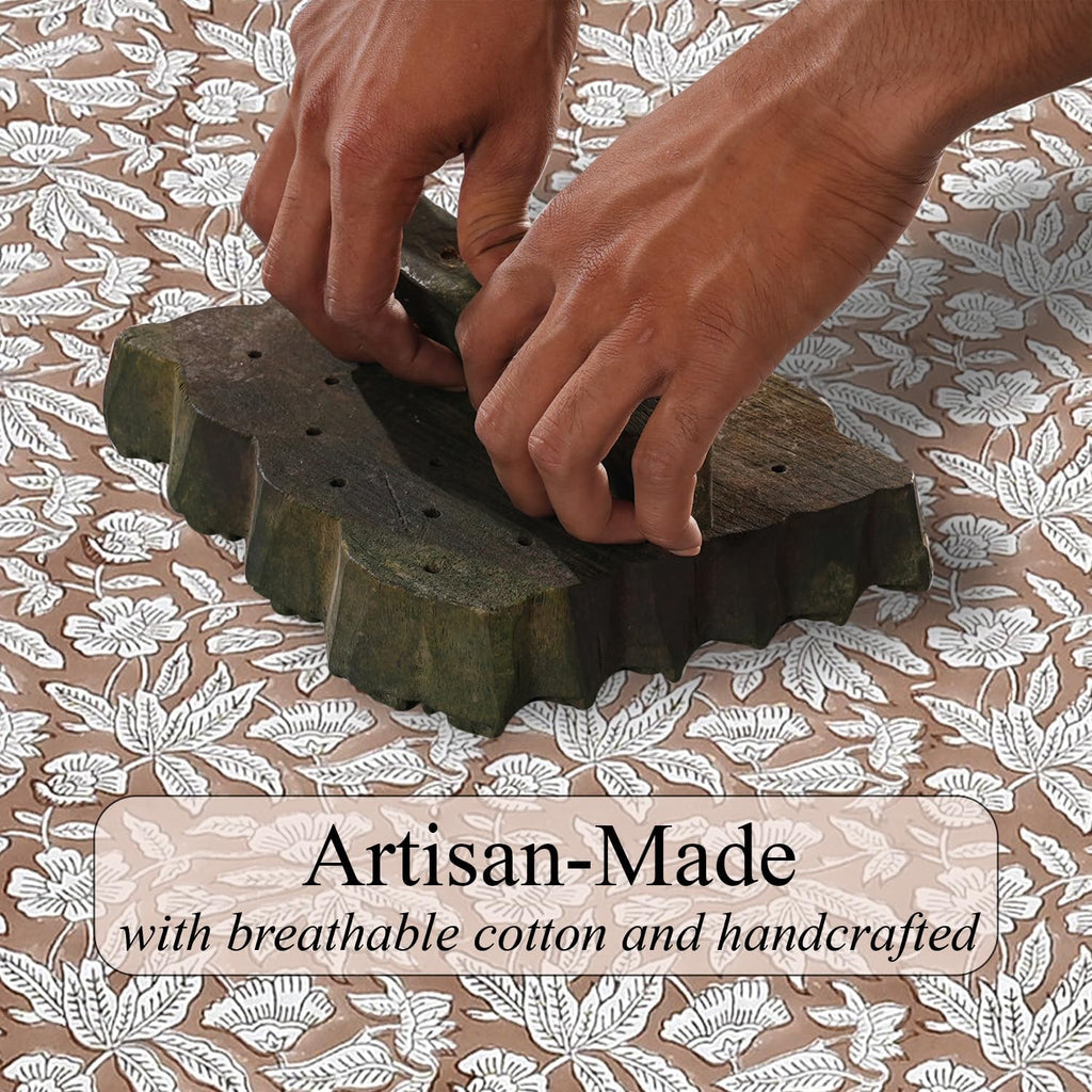 Oak Brown Ruffle Block Print Tablecloth 100% Cotton 60x120 Rectangle Floral Table Cover, Elegant, Vi