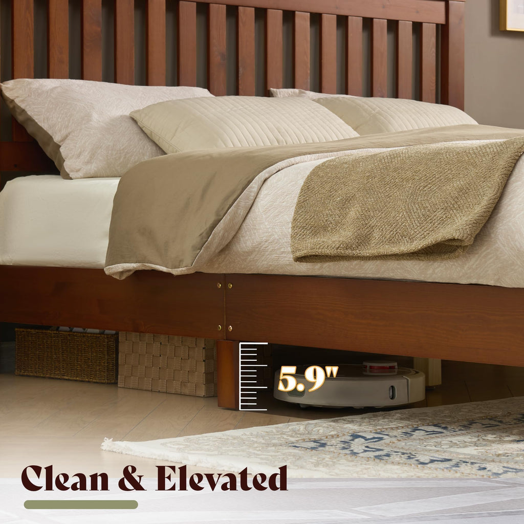 Solid Wood King Size Bed Frame with 46" Headboard, Walnut