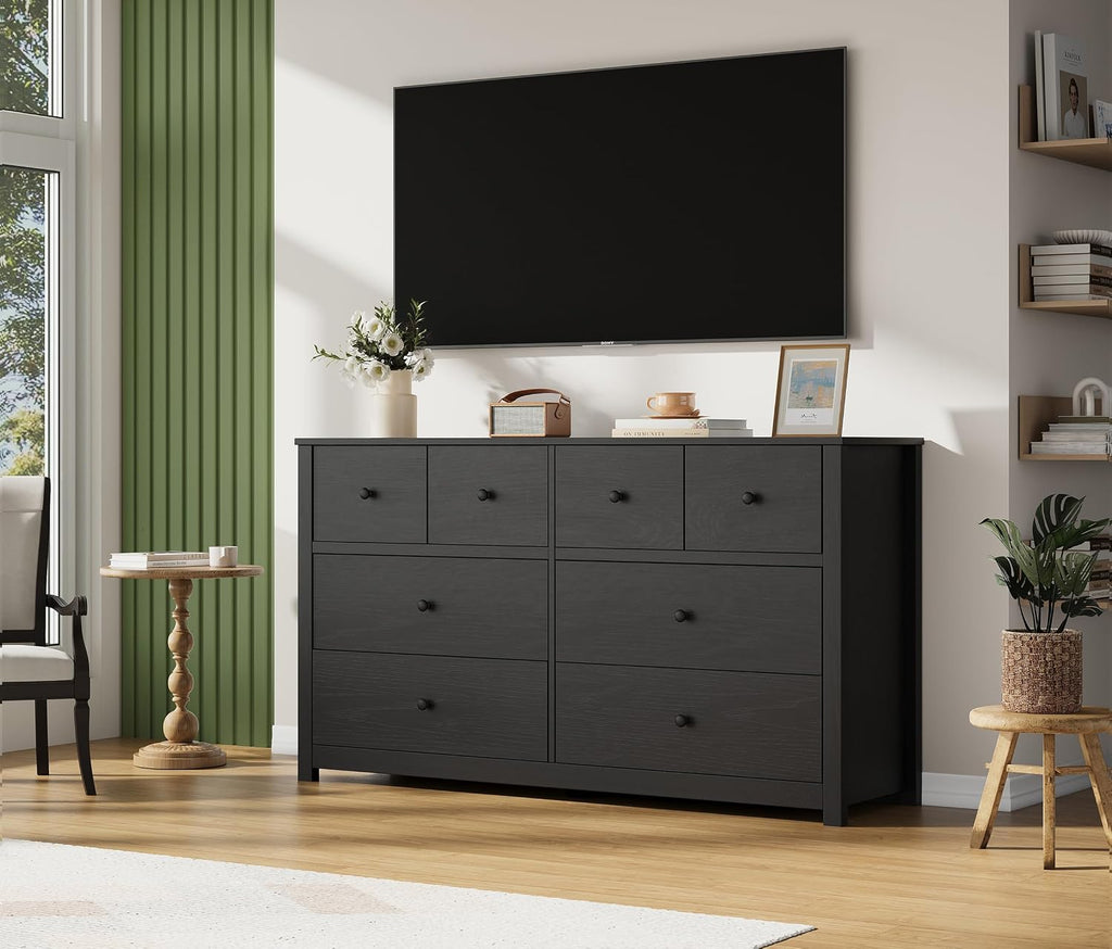 Black 8 Drawer Dresser, Large Modern Dresser for Closet, Bedroom | Storage Chest with Large Drawers & Wide Top