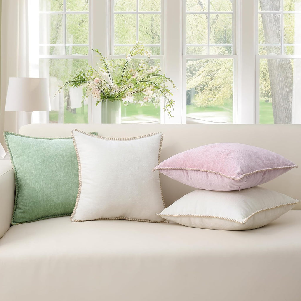 Summer Chenille Soft Cozy Throw Pillow Covers 26x26 Set of 2, Modern Farmhouse Boho Velvet Decorative Euro Sham