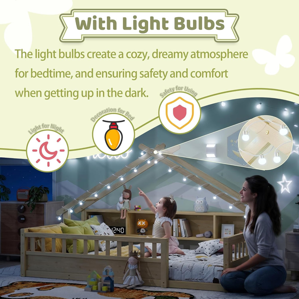 Twin Size Floor Bed with Storage Bookshelves and Light, Wooden Montessori House Bed Frame with Roof Shape, High