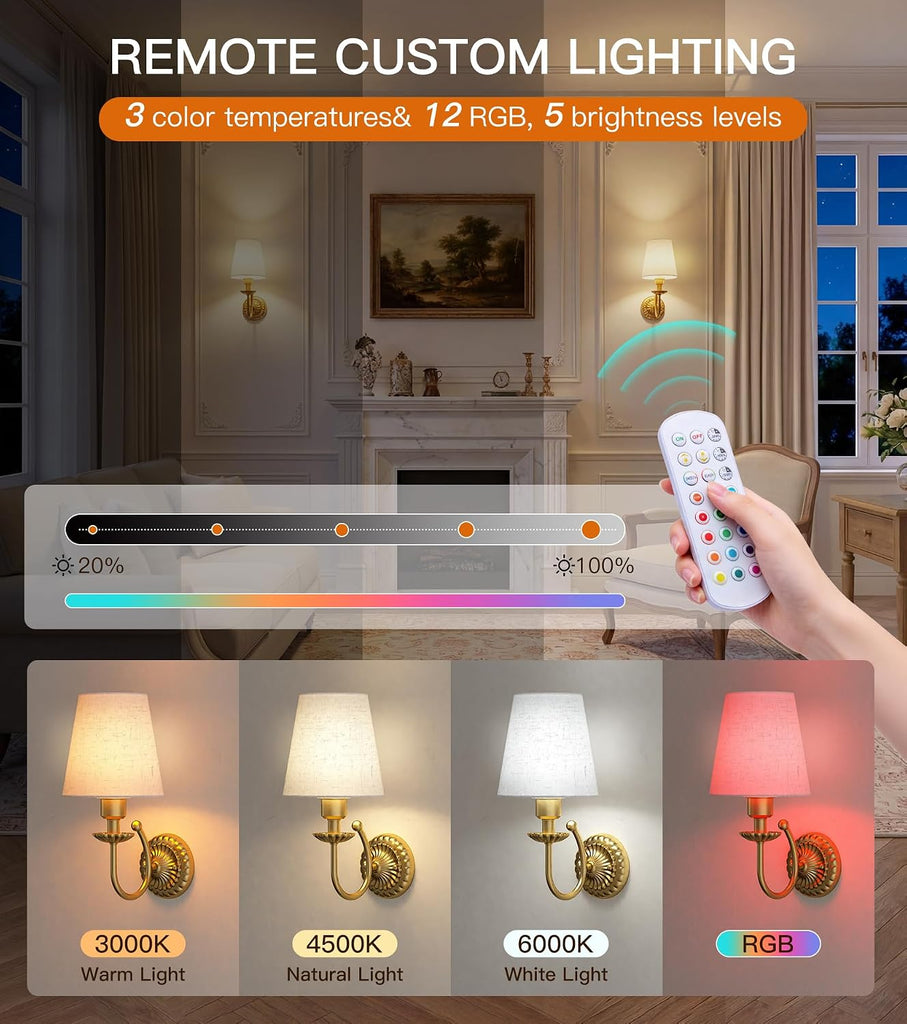 Wireless Wall Sconces Set of Two 14"H, 5300mAh Battery Operated Wall Sconce, Rechargeable Bulbs with Remote, 15