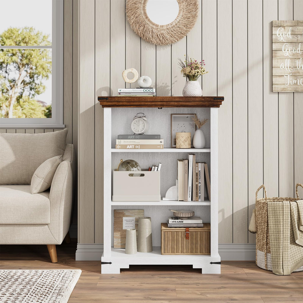 3-Tier Farmhouse Bookshelf for Students, Short Bookcase with Adjustable Shelf, 10.4" D x 26" W x 38" H, Small Wooden